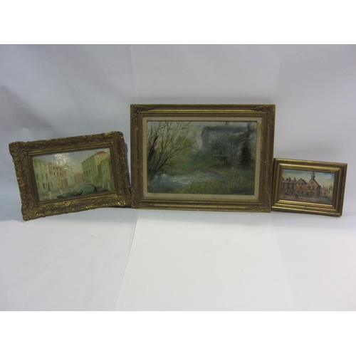 4450 - An oil on canvas mounted onto board depicting a building by a river, 21cm x 31cm, gilt frame, an oil... 