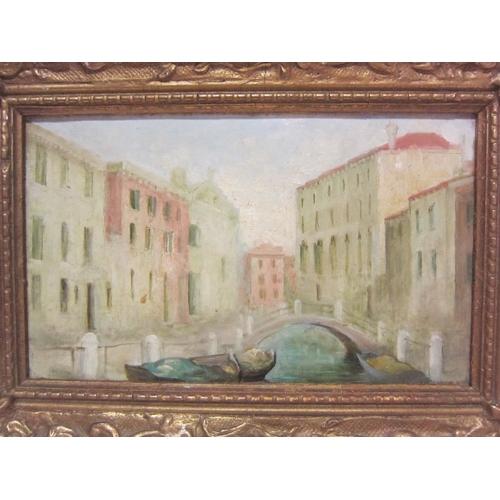 4450 - An oil on canvas mounted onto board depicting a building by a river, 21cm x 31cm, gilt frame, an oil... 