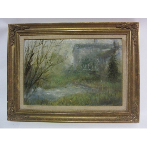 4450 - An oil on canvas mounted onto board depicting a building by a river, 21cm x 31cm, gilt frame, an oil... 