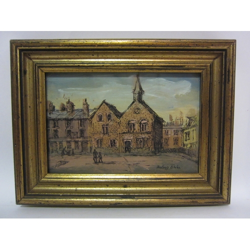 4450 - An oil on canvas mounted onto board depicting a building by a river, 21cm x 31cm, gilt frame, an oil... 