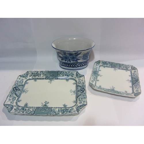 4468 - Two graduated square blue and white meat plates and a blue and white oval planter (3)             (E... 