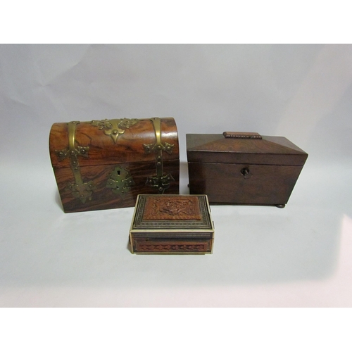 4216 - A Victorian burr walnut and brass mounted trinket box, domed lid, together with a sarcophagus form t... 