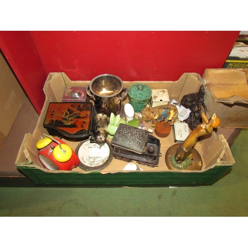 4261 - A box containing miscellaneous items including a white metal bottle/wine holder and a malachite effe... 