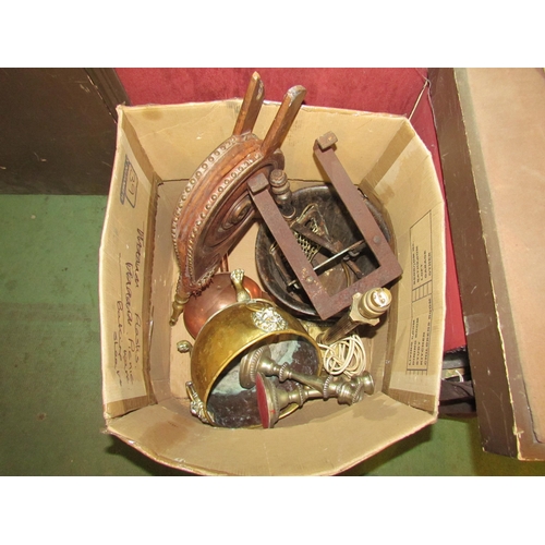 4312 - A box containing bygone and metalwear items to include fire bellows, candlesticks etc