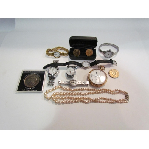 4434 - A bag of wristwatches, coins, necklaces, gold plated fob watch