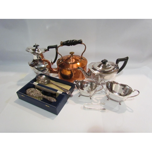 4484 - A four piece silver plated tea and coffee set with a pair of tongs, cased brush and comb set and spo... 