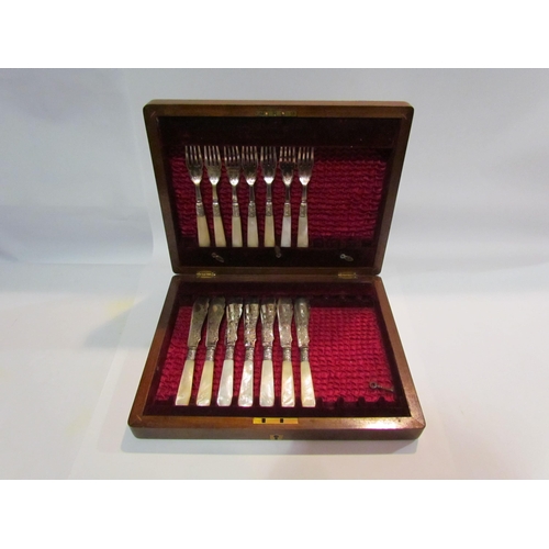 4490 - Seven plated fish knives and forks with mother-of-pearl handles in original fitted case