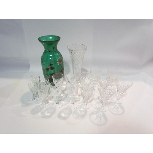 4493 - A selection of crystal wine and sherry glasses, green painted vase etc        (R) £15