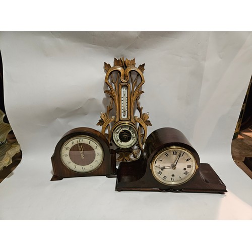 4217 - Two mantel clocks including Napoleon hat form, together with a carved wood wall barometer / thermome... 