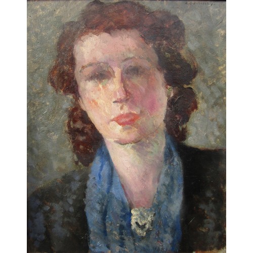 6021 - ANDRE GUERBILSKY (1907-1992) A framed oil on board, portrait of a woman. Signed top right. Label ver... 