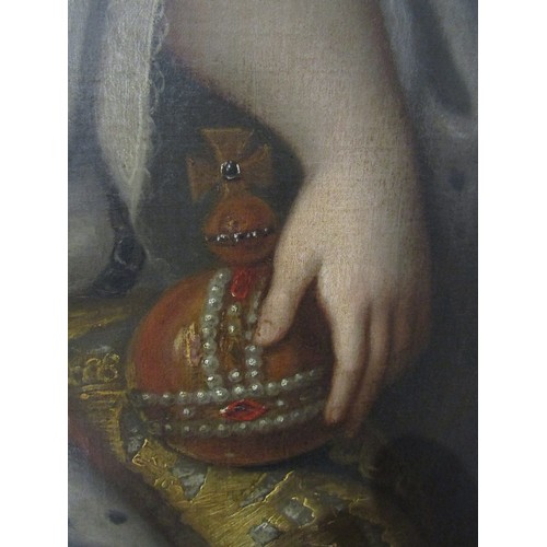 6001 - In the manner of Godfrey Kneller (1646-1723). A portrait of Queen Anne wearing a pearl necklace in r... 