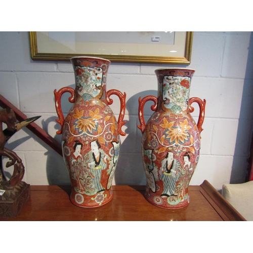 1002 - A near pair of Chinese famille rose twin handled vases of large proportions, a/f, both with damage/r... 