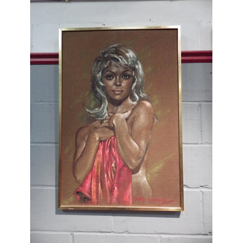 1034 - BARRY RAPHAEL: A 1970's oil on hessian of a semi-clad woman, signed lower right, framed, 90cm x 60cm... 