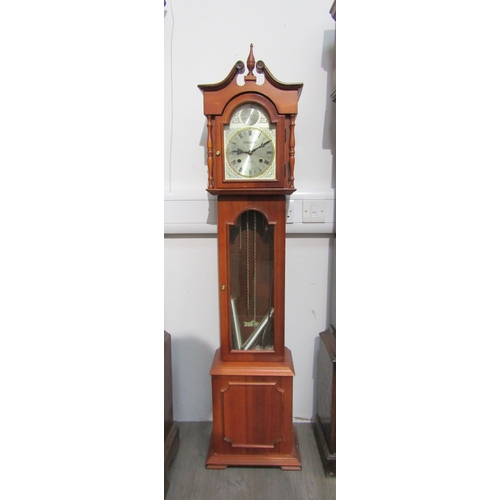 1035 - A reproduction 31 day Grandmother clock with pendulum and two weights, 143 cm tall