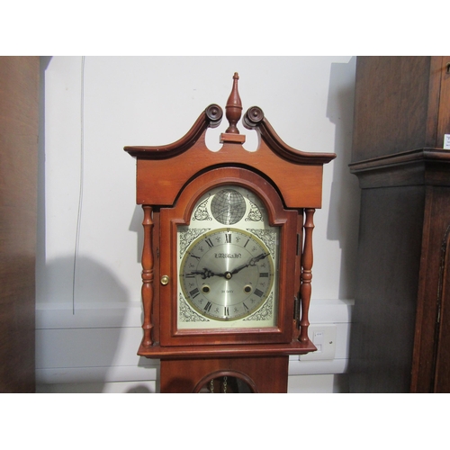 1035 - A reproduction 31 day Grandmother clock with pendulum and two weights, 143 cm tall