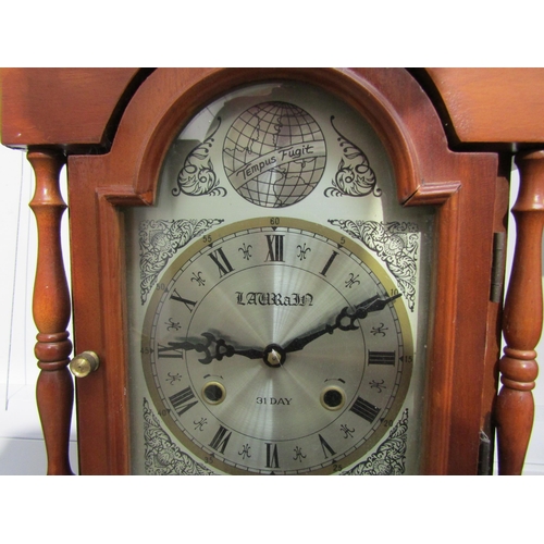 1035 - A reproduction 31 day Grandmother clock with pendulum and two weights, 143 cm tall