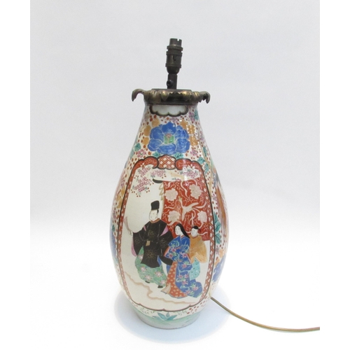 1042 - A 19th Century large hand decorated Canton vase converted to a lamp base with figural cartouches, wi... 