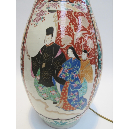 1042 - A 19th Century large hand decorated Canton vase converted to a lamp base with figural cartouches, wi... 