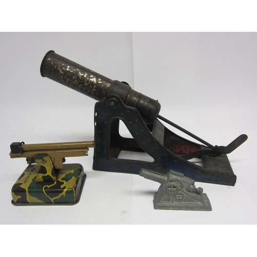 1237 - A German tinplate cannon, stamped D.R.P.a, 18.5cm tall, together with a Crescent diecast field gun a... 