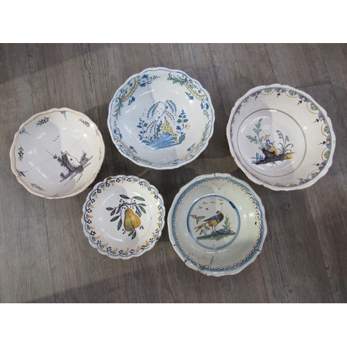 1188 - Five late 18th/early 19th Century French faience bowls decorated with Bird, Pear, House, Oriental fi... 