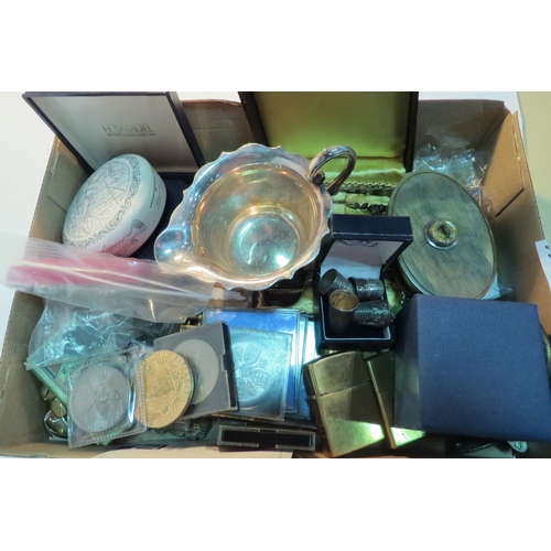 1346 - A tray of miscellaneous including coins, Zippo lighter, horn box, set of spoons, cufflinks, map meas... 