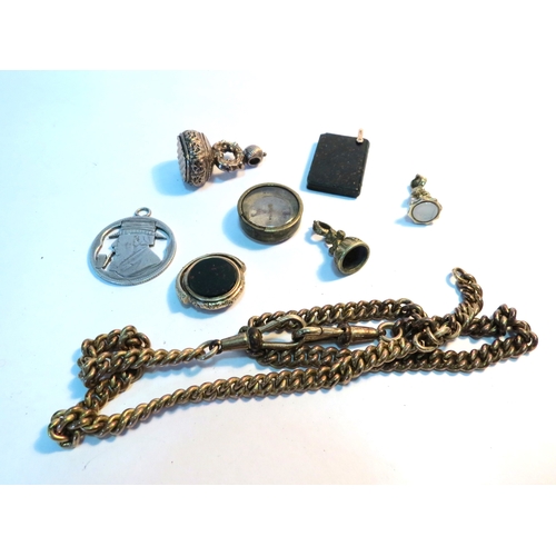 1259 - Three seal fobs (one a/f) watch chain, bloodstone charm etc.