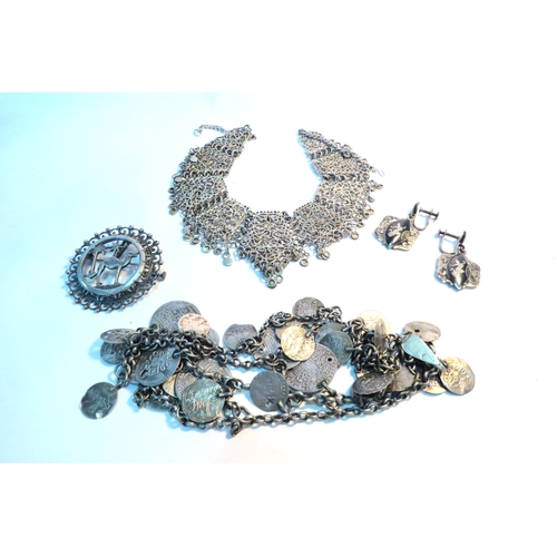 1261 - A coin necklace, filigree necklace, brooch and a pair of Niello earrings  (C)