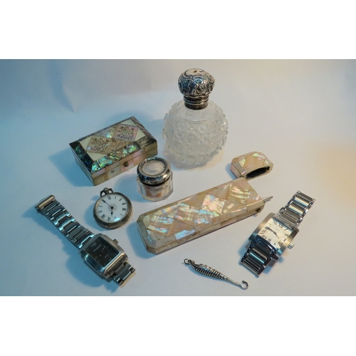 1302 - A box of silver items, mother-of-pearl boxes, watches etc