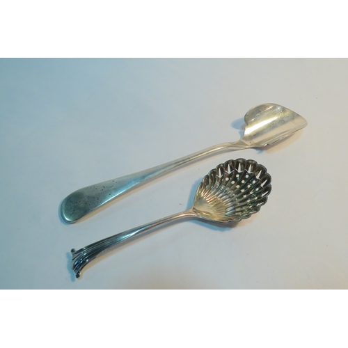 1342 - A silver cheese scoop and a silver sugar sifting spoon