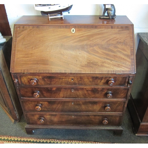 1016 - An early Victorian flame mahogany bureau, the fall front over four graduated drawers, bun handles, b... 