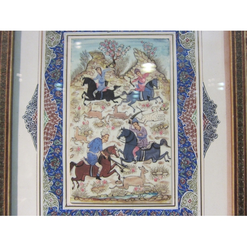 1038 - An early 20th Century Indian miniature painting on ceramic panel, scene of four horses and riders hu... 