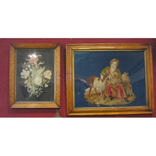 1048 - A Victorian maple framed needlepoint of seated girl with goat, 42cm x 53.5cm and another of flowers,... 