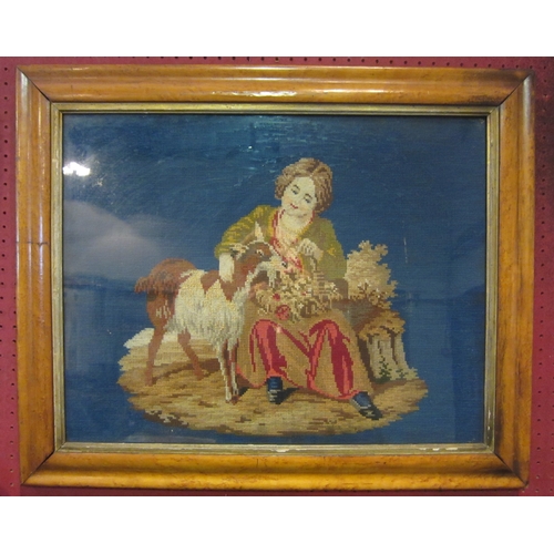 1048 - A Victorian maple framed needlepoint of seated girl with goat, 42cm x 53.5cm and another of flowers,... 