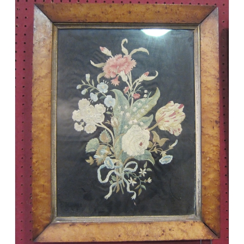 1048 - A Victorian maple framed needlepoint of seated girl with goat, 42cm x 53.5cm and another of flowers,... 