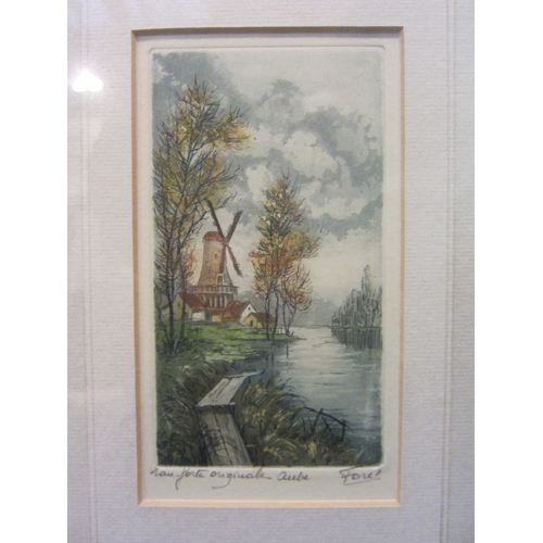 1049 - An original coloured etching depicting a windmill at waters edge, 24cm x 7.5cm