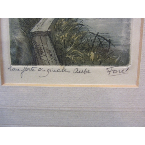 1049 - An original coloured etching depicting a windmill at waters edge, 24cm x 7.5cm