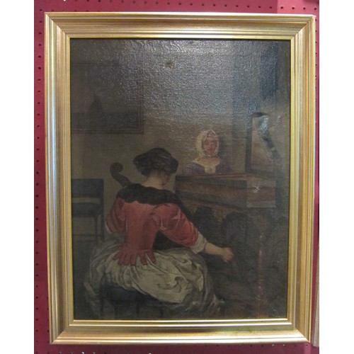 1068 - An oil on canvas depicting a female playing an instrument. Image size 45cm x 34cm