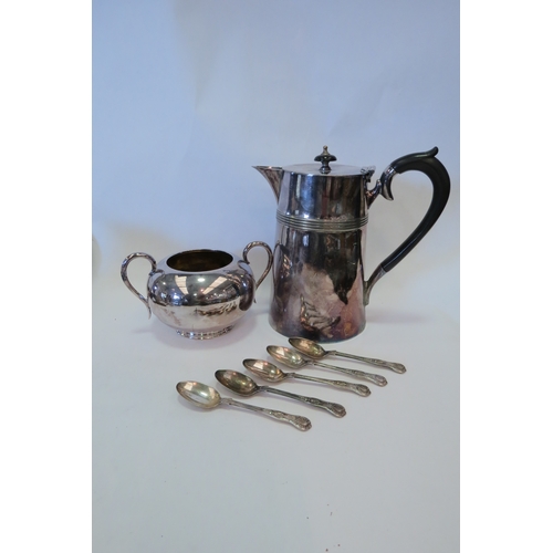 1357 - A plated coffee pot, sugar bowl and five teaspoons   (C)