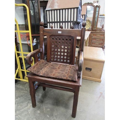 2001 - A Victorian Welsh Gothic pitch pine chair with scrolled arms          (R) £100