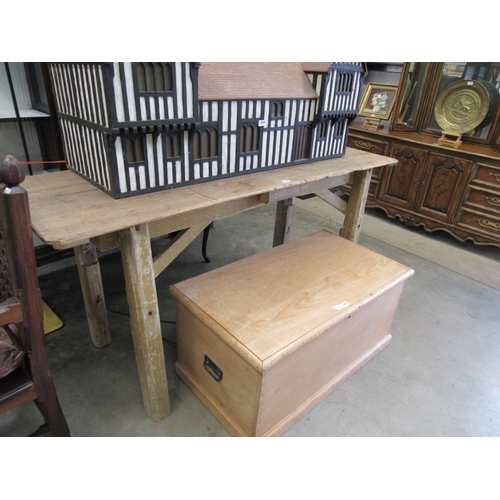 2003 - A 19th Century rustic pine work table with painted base  65 x 175 cm        (E) £30-40