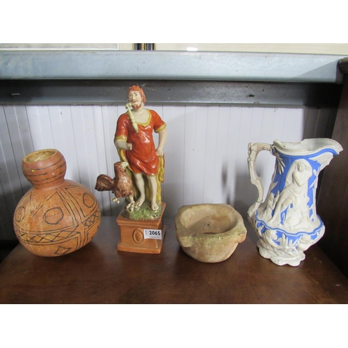 2065 - Three pieces of pottery and a gourd          (E) £10-15