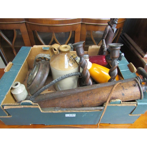 2107 - A box of assorted goods including a stoneware flagon