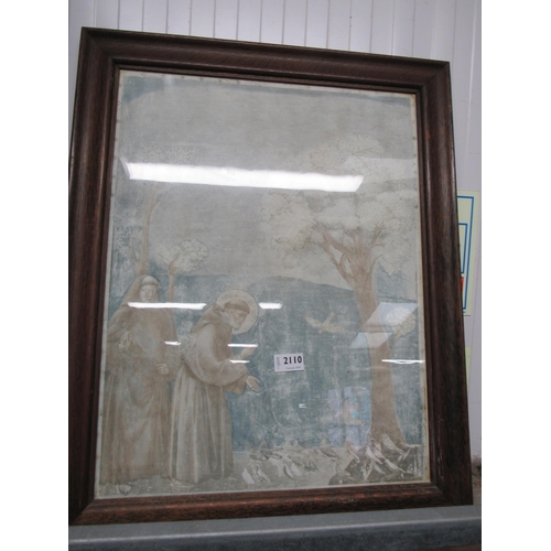 2110 - An Edwardian oak framed religeous print and an advert      (E) £10-20