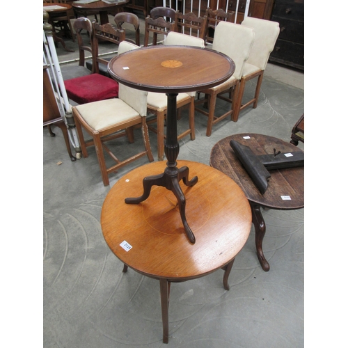 2124 - A small inlaid mahogany tripod wine table and an Edwardian inlaid mahogany lamp table