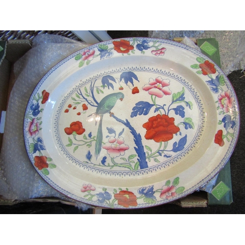 1164 - A box of various meat plates including one depicting a parrot in floral beanches