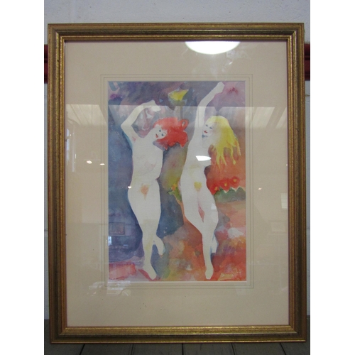 1199 - A framed and glazed watercolour depicting two dancing nude female figures. Unsigned work. Image size... 