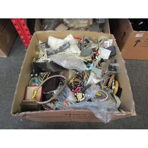 1208 - Three boxes of costume jewellery, keyrings, etc