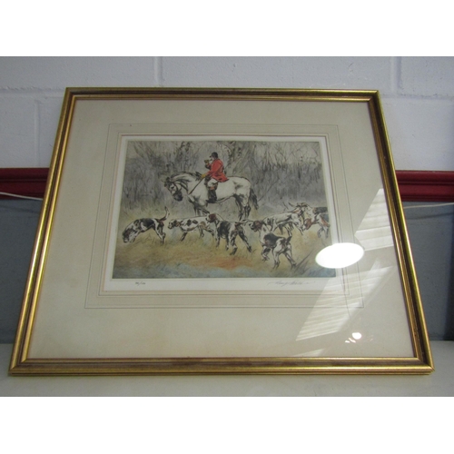 1231 - A pair of limited edition prints of fox hunting scenes, signed indistinctly, numbered, framed and gl... 