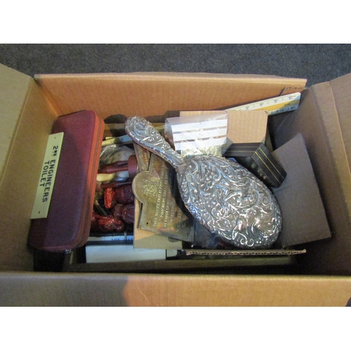 1242 - A box of miscellaneous collectables including silver hand mirror (a/f) and a quantity of miniature n... 