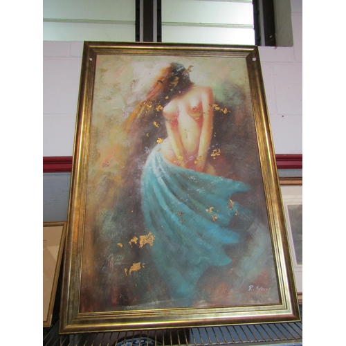 1400 - R. YOUNG (XX/XXI) A framed acrylic and gold coloured foil on canvas, semi-clad female. Signed bottom... 